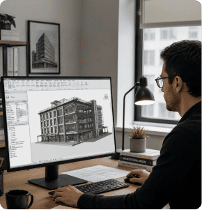 Professional reviewing a 3D structural BIM model on desktop monitors