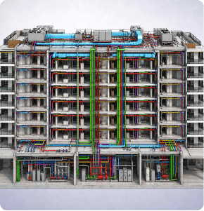 Multi-story building cutaway showing coordinated MEP BIM systems